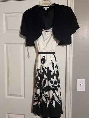 dressbarn Black and White Floral Midi Dress with Black Bolero